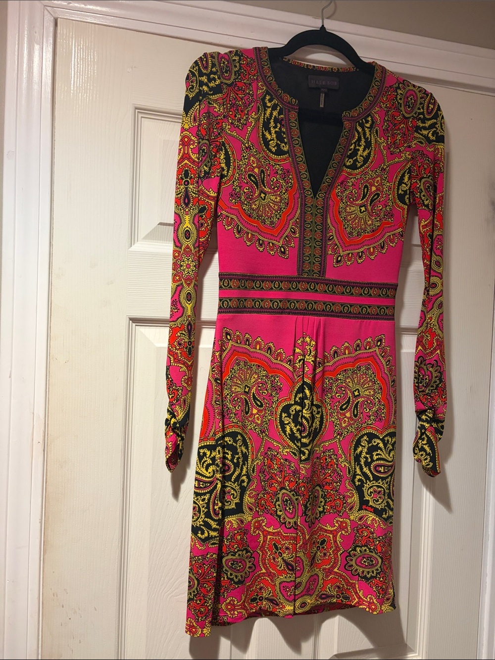 Hale Bob NWOT Paisley Long-Sleeve V-Neck Dress in Pink XXS